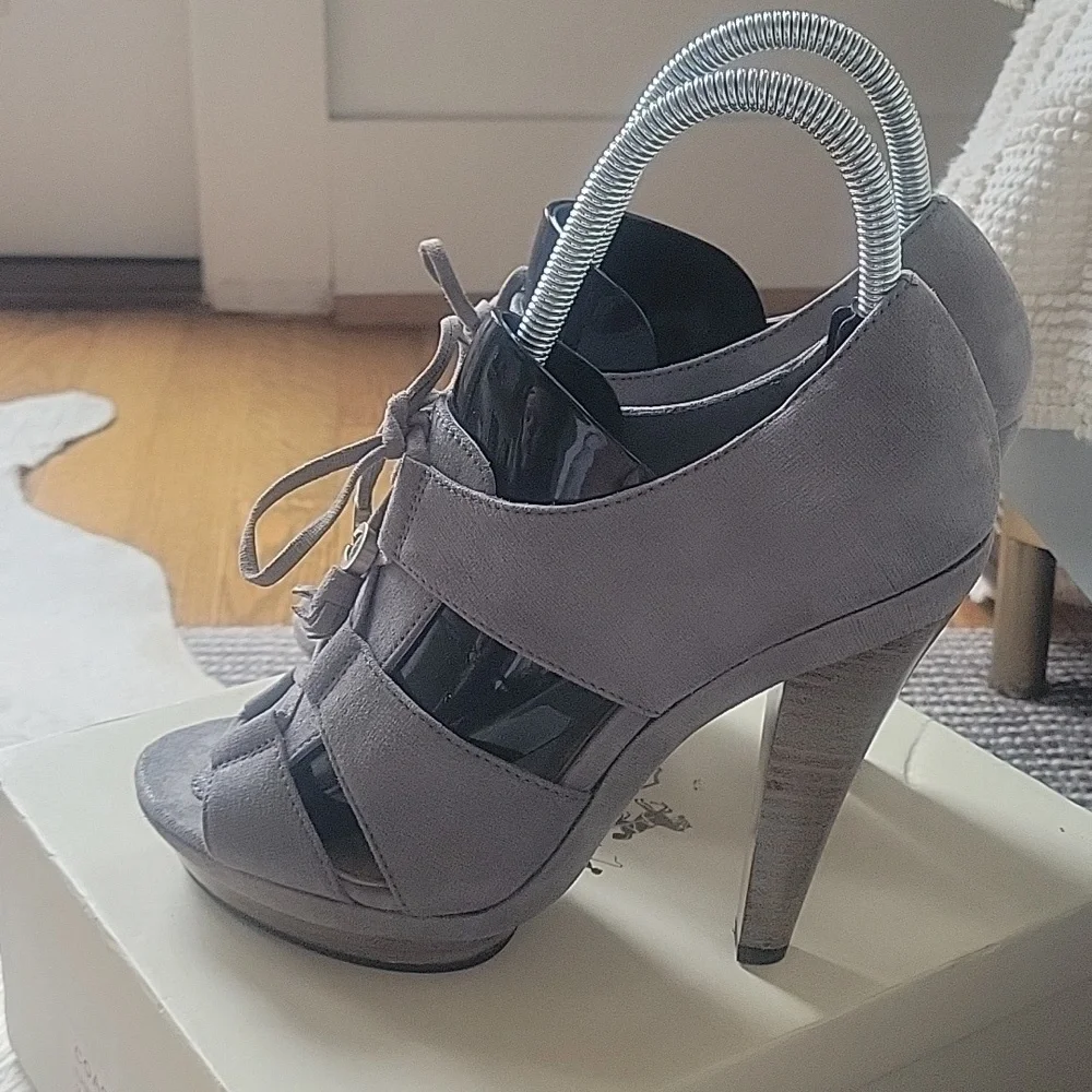 Coach Teagan Gray Shimmer Leather Heeled Sandals - Picture 2 of 7